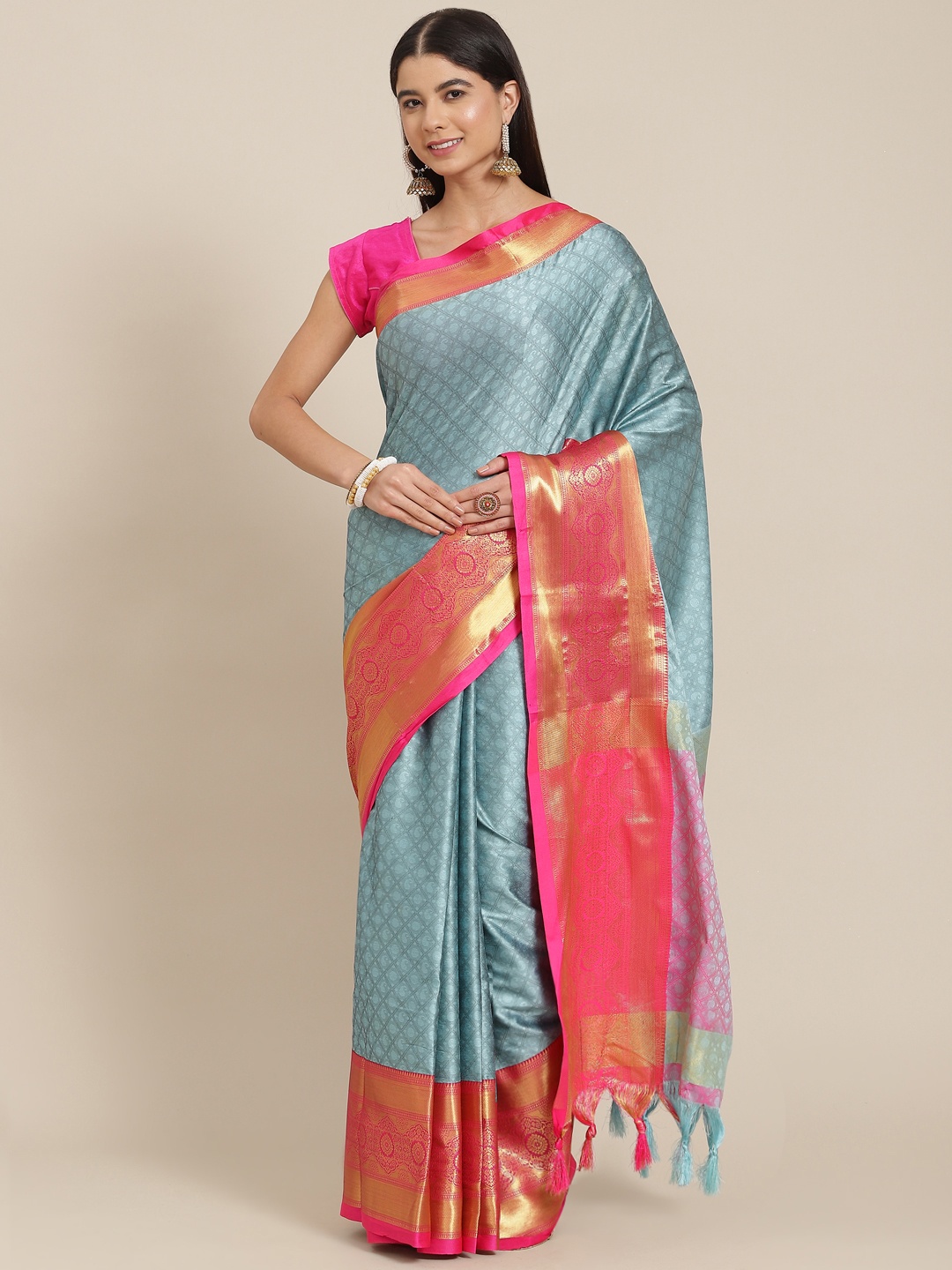 SHOPGARB Blue & Pink Ethnic Motifs Silk Blend Banarasi Saree