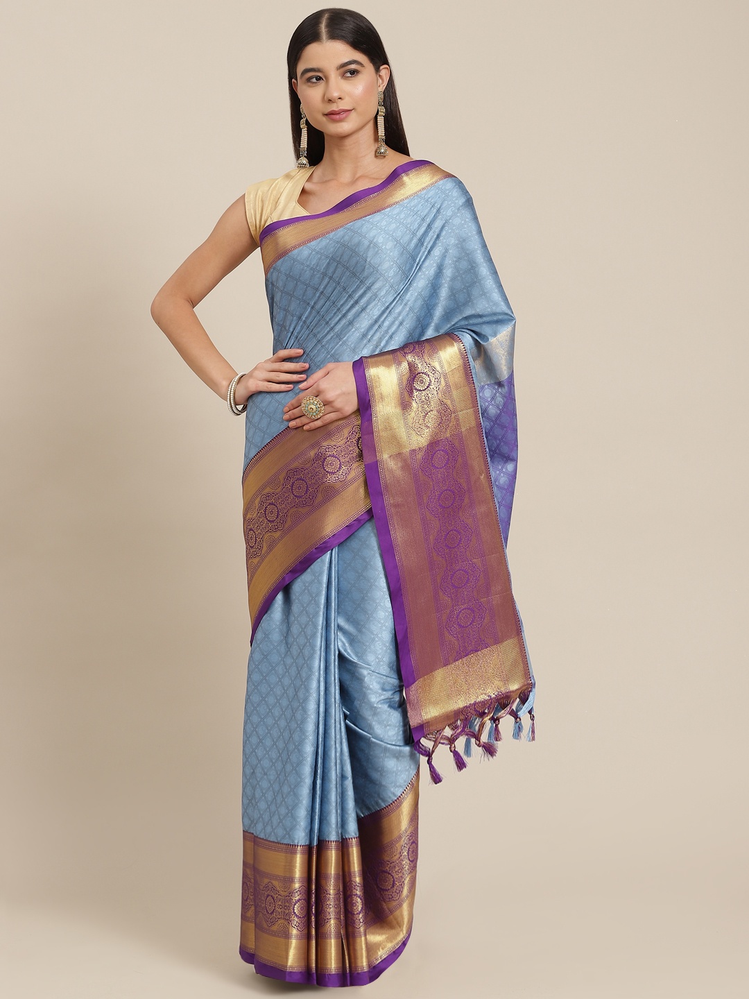 

SHOPGARB Blue & Purple Ethnic Motifs Silk Blend Banarasi Saree