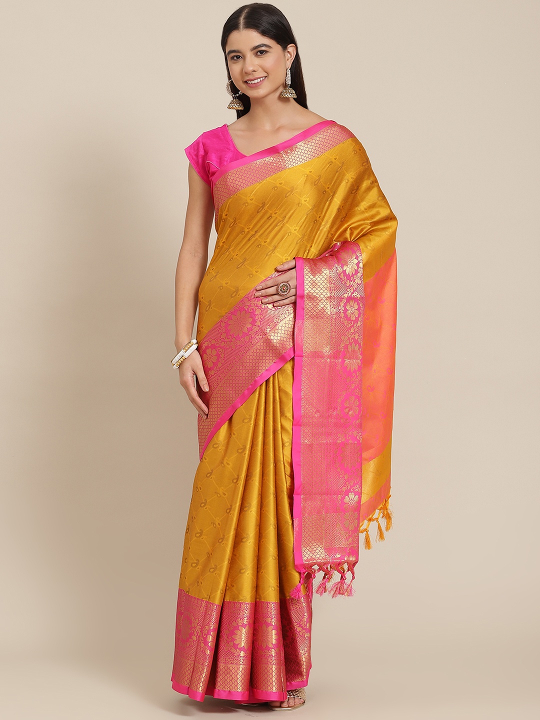 SHOPGARB Mustard & Pink Ethnic Motifs Silk Blend Banarasi Saree