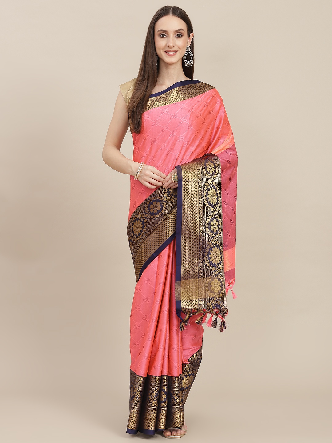 

SHOPGARB Pink & Navy Blue Paisley Woven Design Zari Detail Silk Blend Banarasi Saree