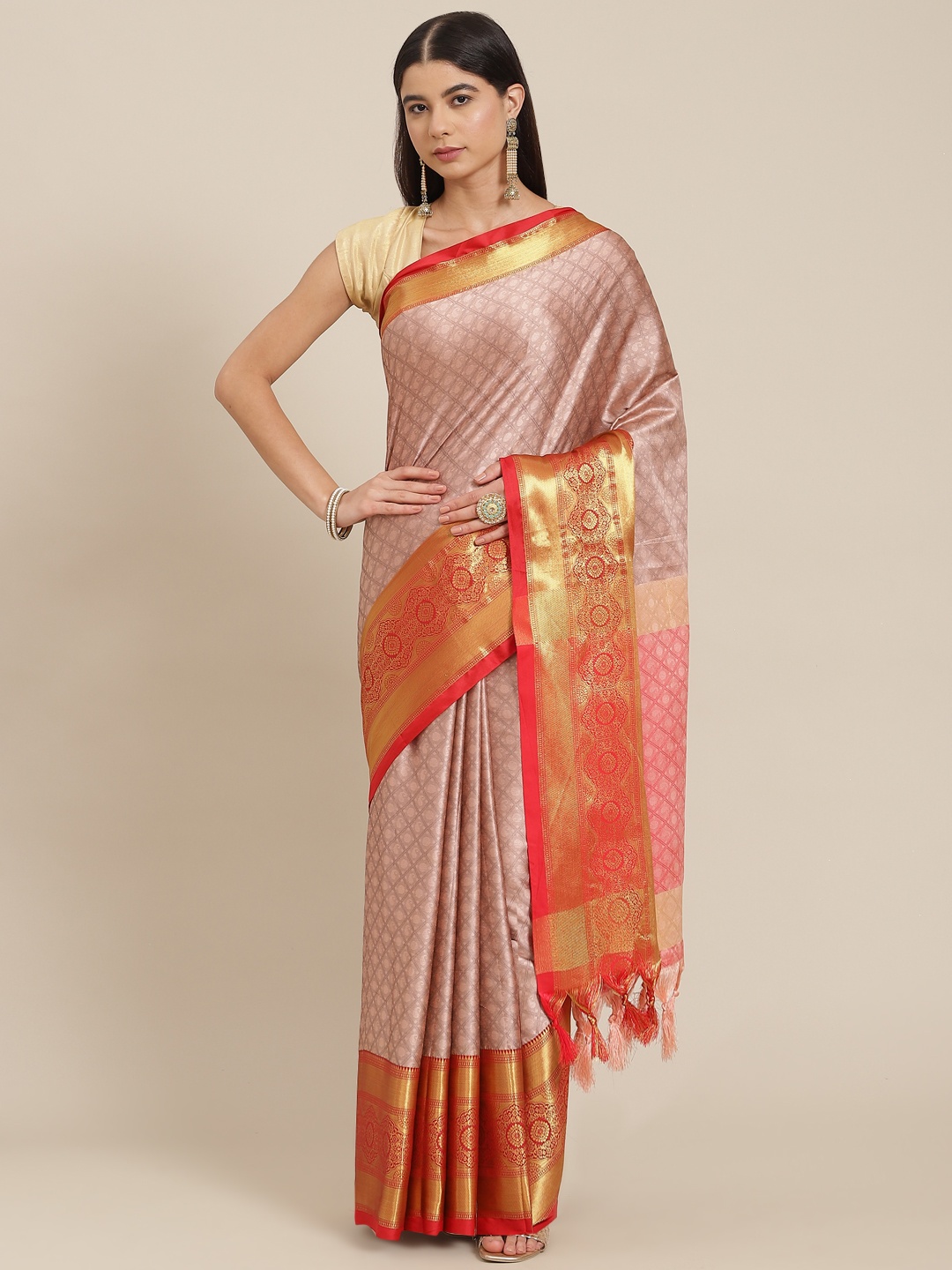 SHOPGARB Lavender & Red Ethnic Motifs Silk Blend Banarasi Saree
