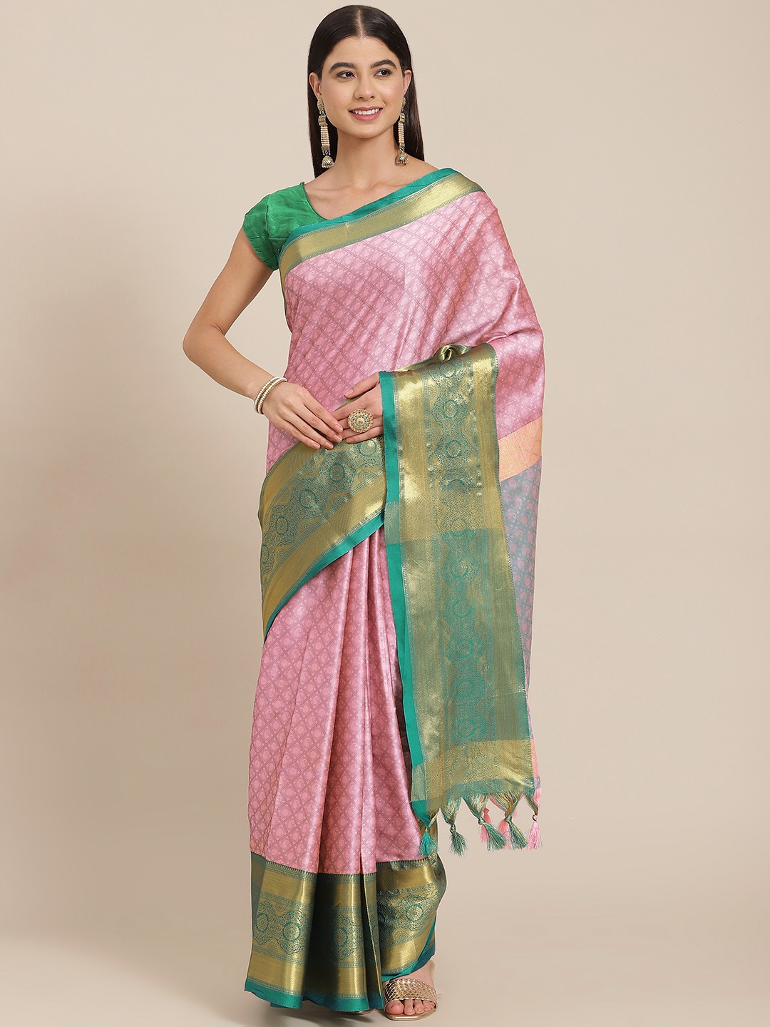 

SHOPGARB Pink & Green Ethnic Motifs Silk Blend Banarasi Saree