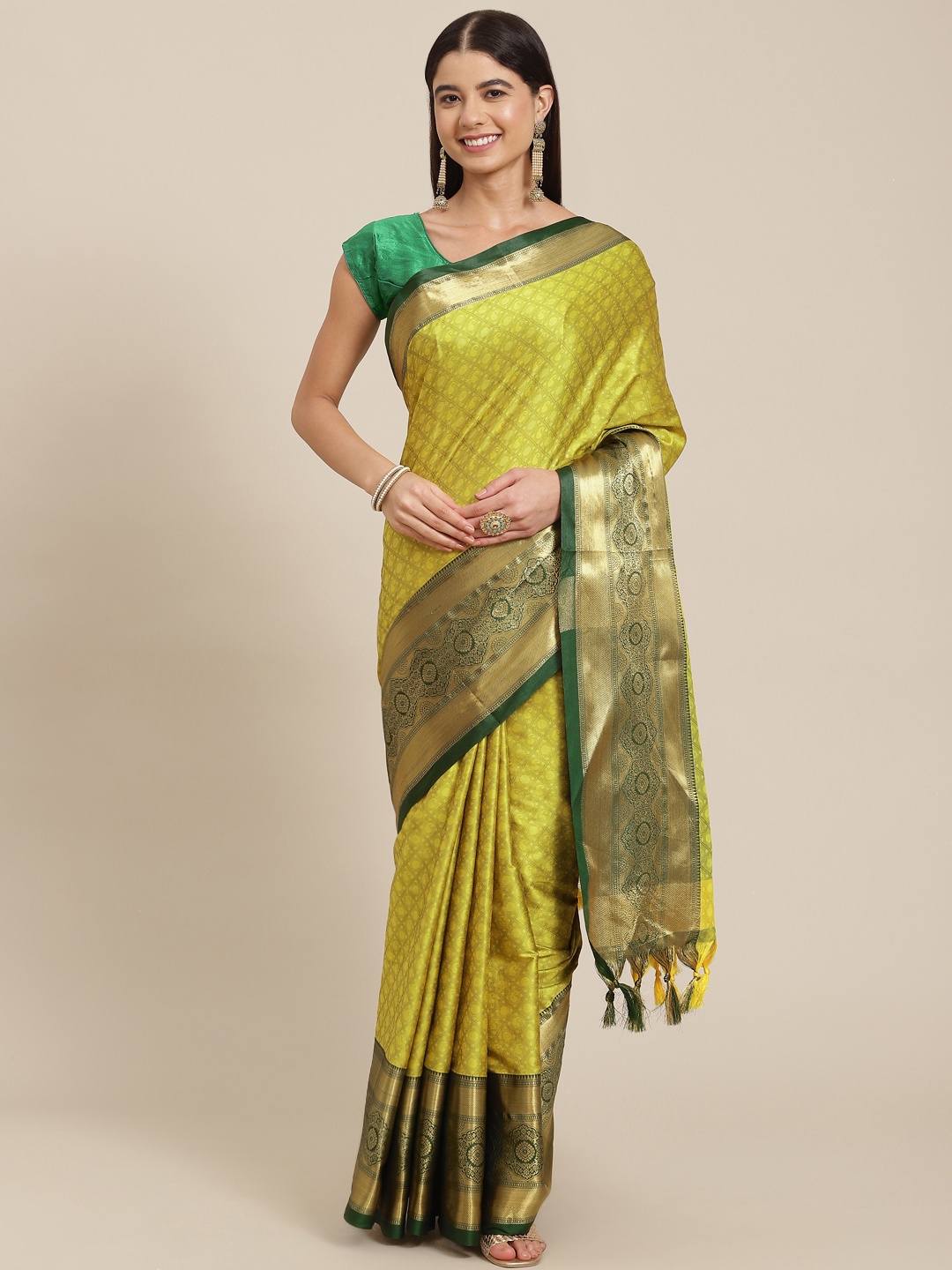 

SHOPGARB Green Ethnic Motifs Silk Blend Banarasi Saree