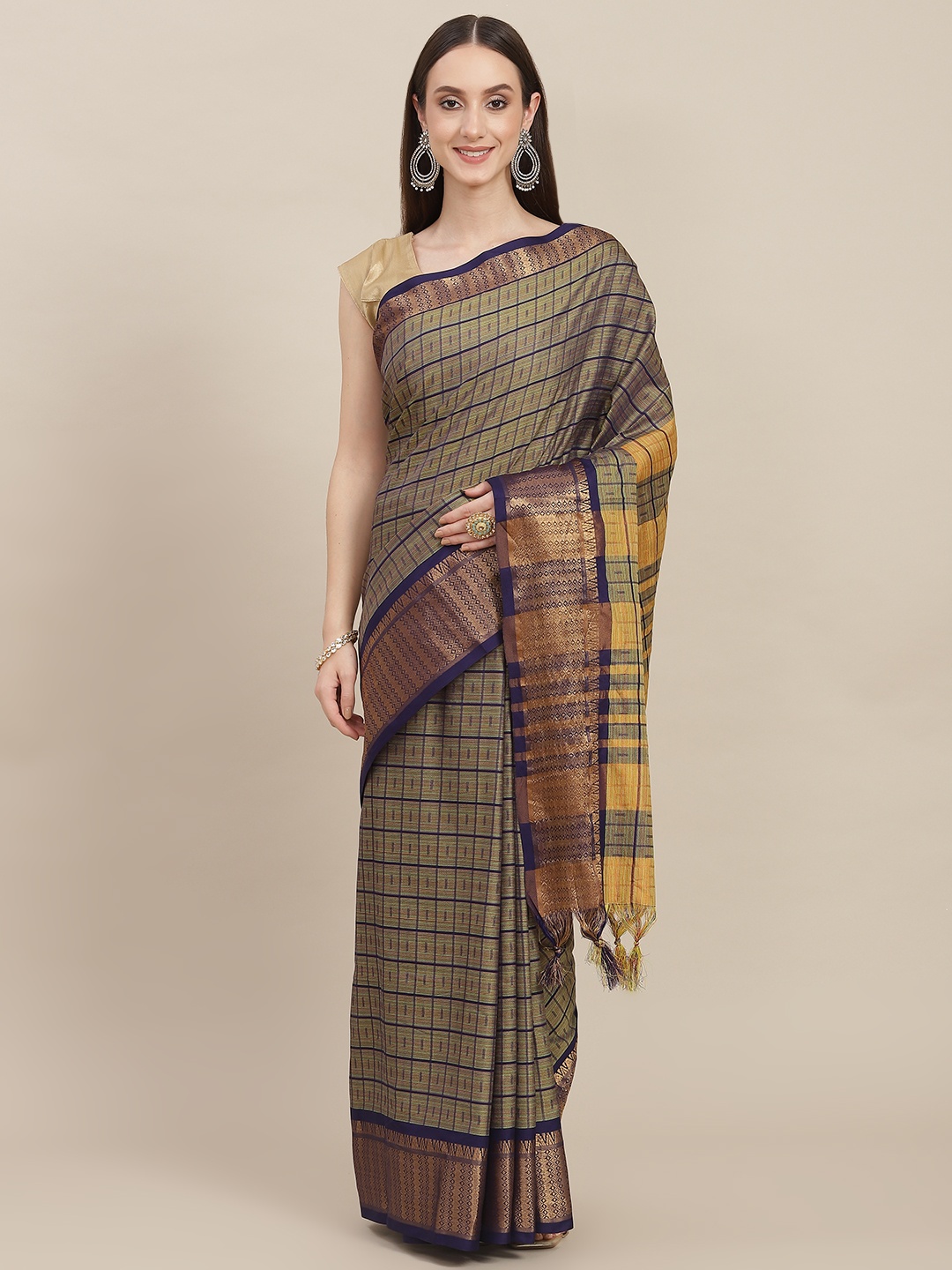 

SHOPGARB Green & Navy Blue Checked Zari Woven Design Saree
