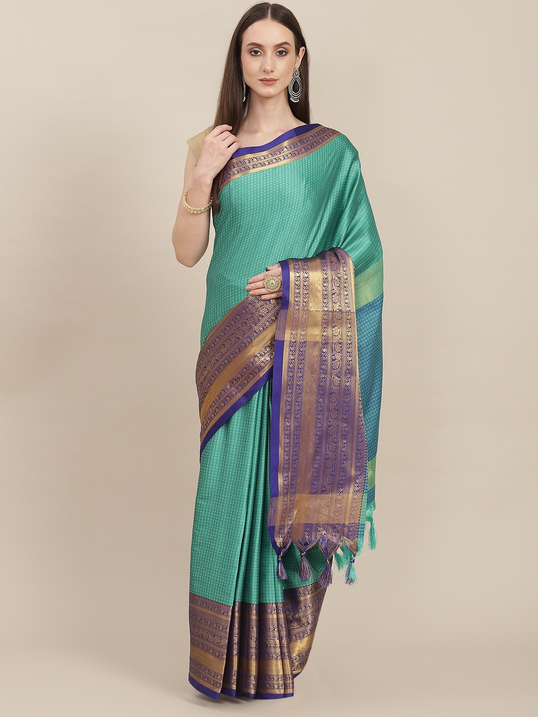 

SHOPGARB Green & Blue Checked Woven Design Zari Detail Silk Blend Banarasi Saree