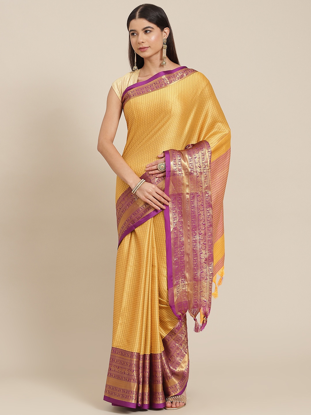

SHOPGARB Yellow & Purple Ethnic Motifs Silk Blend Banarasi Saree