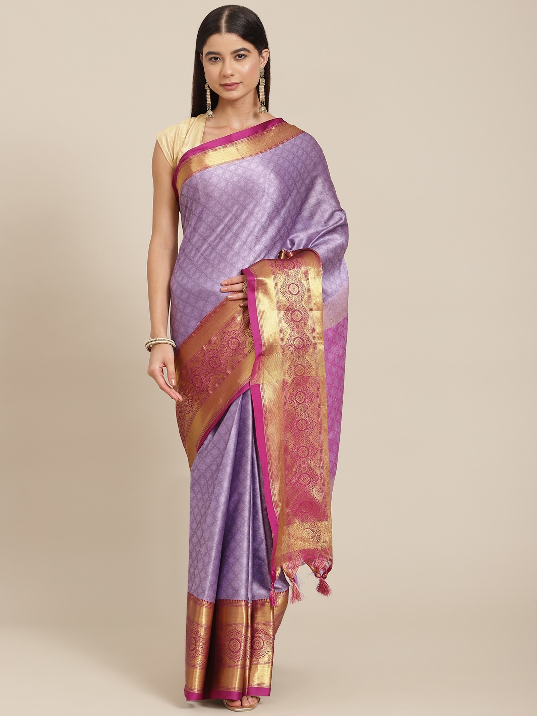 

SHOPGARB Lavender & Red Ethnic Motifs Silk Blend Banarasi Saree