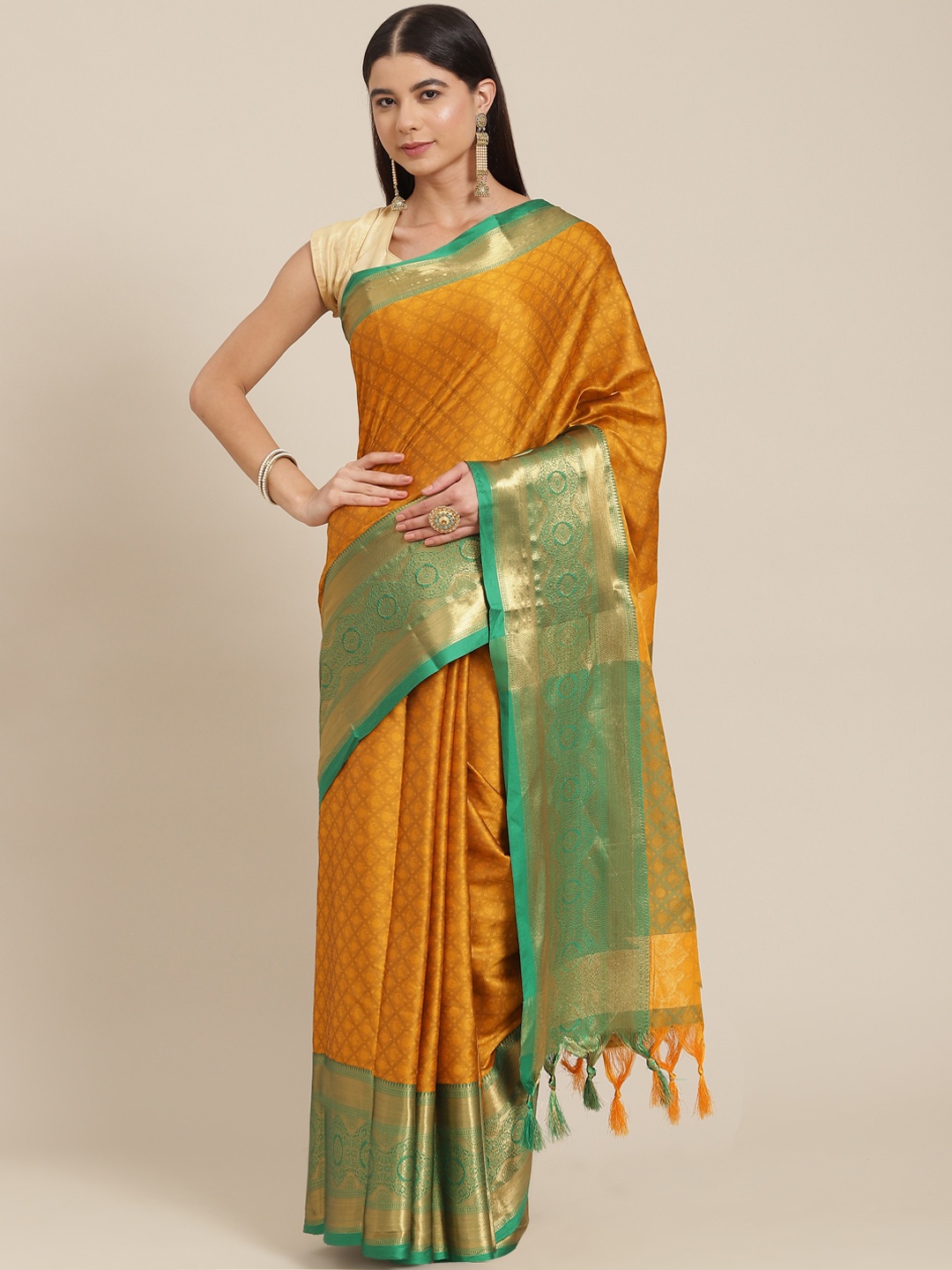 

SHOPGARB Mustard & Green Ethnic Motifs Silk Blend Banarasi Saree