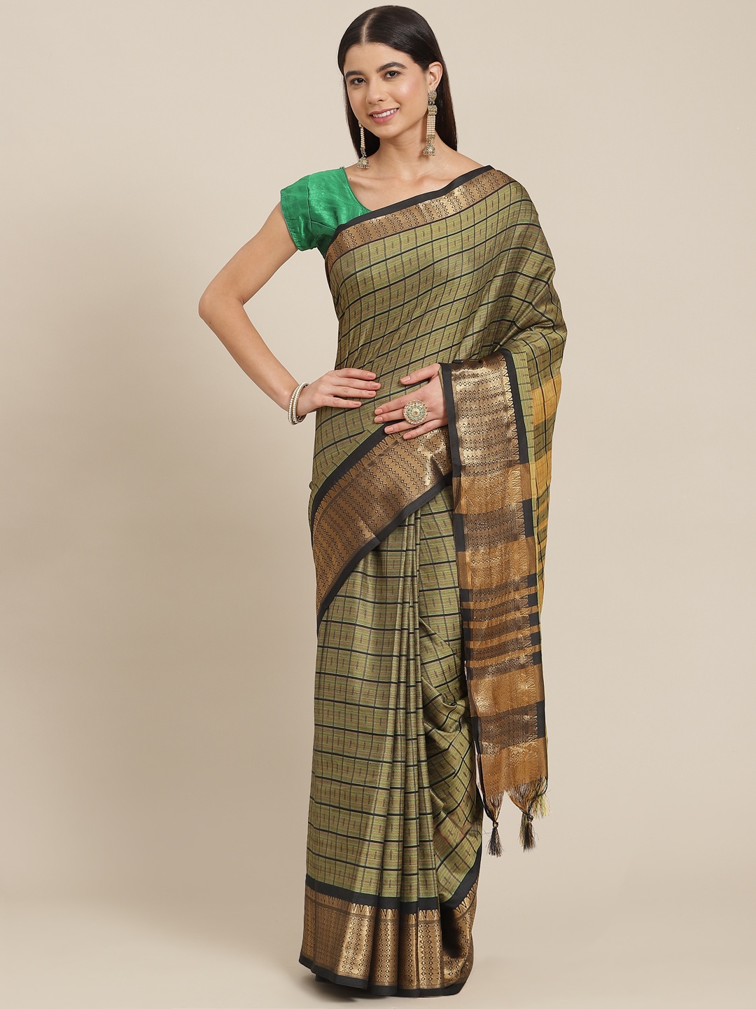 

SHOPGARB Green Checked Silk Blend Banarasi Saree