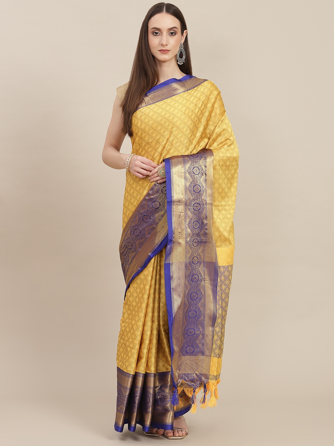 

SHOPGARB Yellow & Blue Checked Woven Design Zari Detail Silk Blend Banarasi Saree