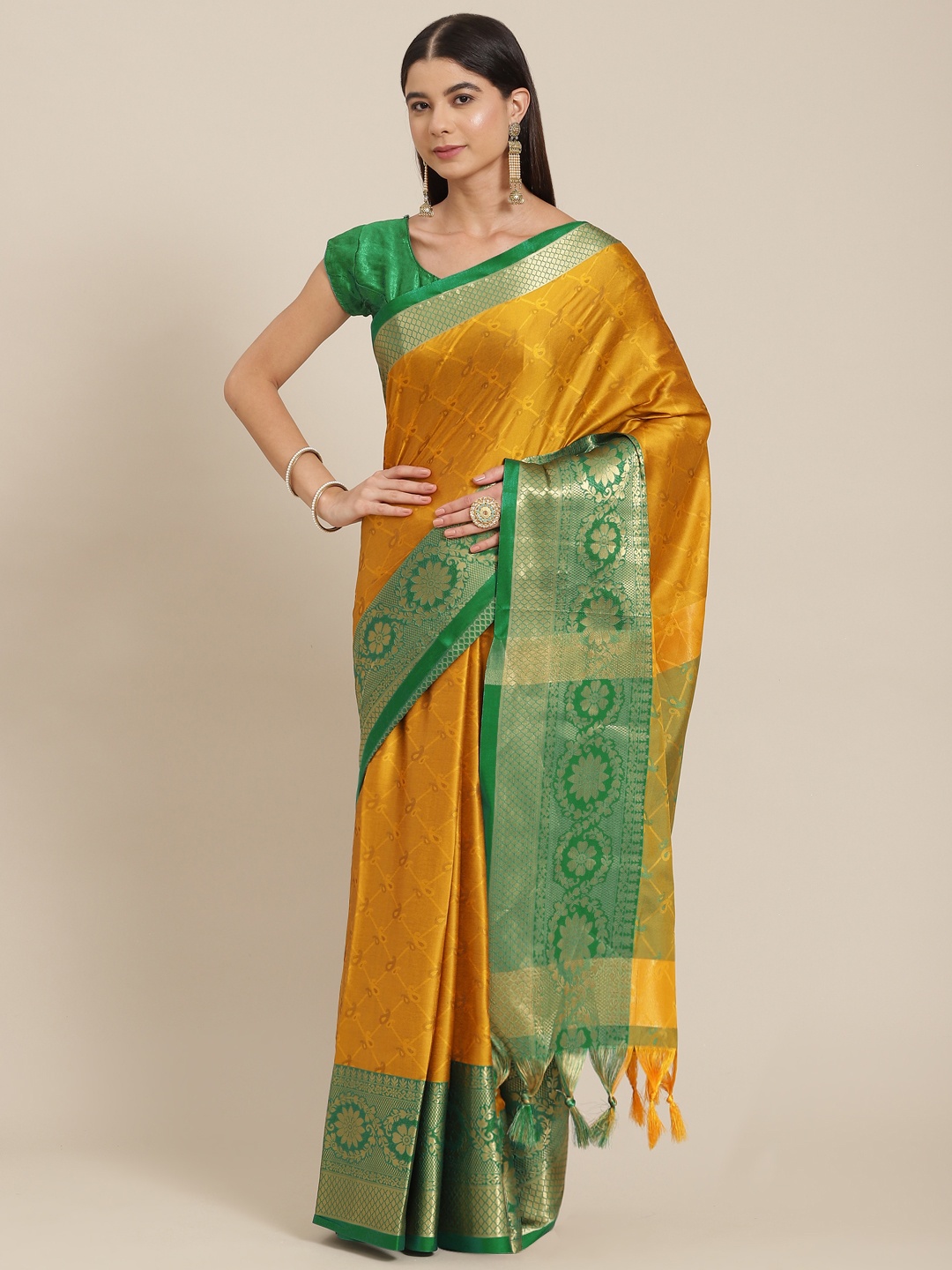 

SHOPGARB Yellow & Green Ethnic Motifs Silk Blend Banarasi Saree
