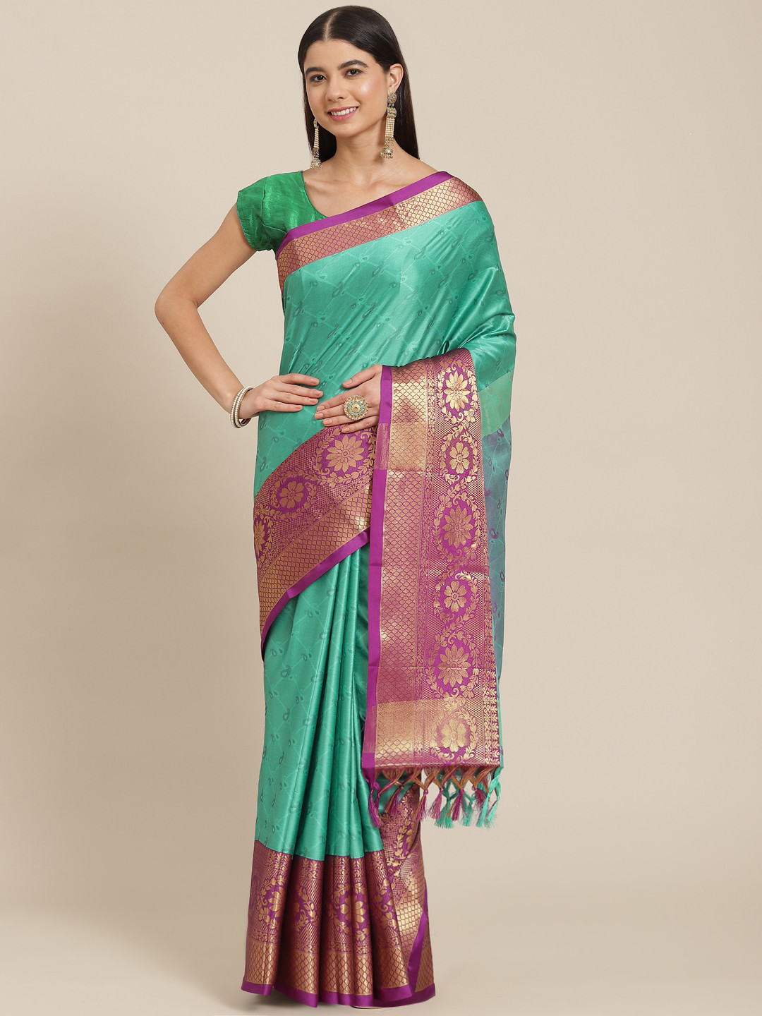 

SHOPGARB Blue & Purple Ethnic Motifs Silk Blend Banarasi Saree