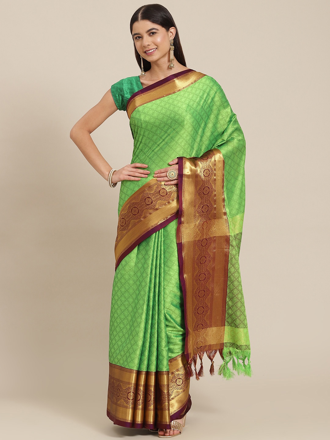

SHOPGARB Green Ethnic Motifs Silk Blend Banarasi Saree