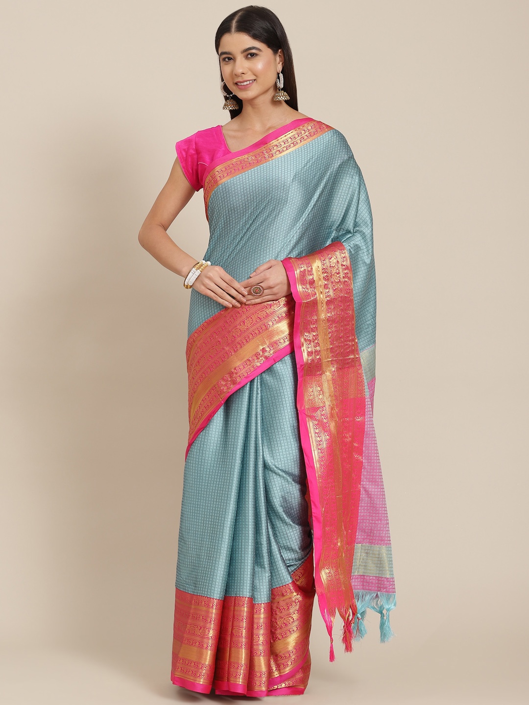 SHOPGARB Blue & Pink Checked Silk Blend Banarasi Saree