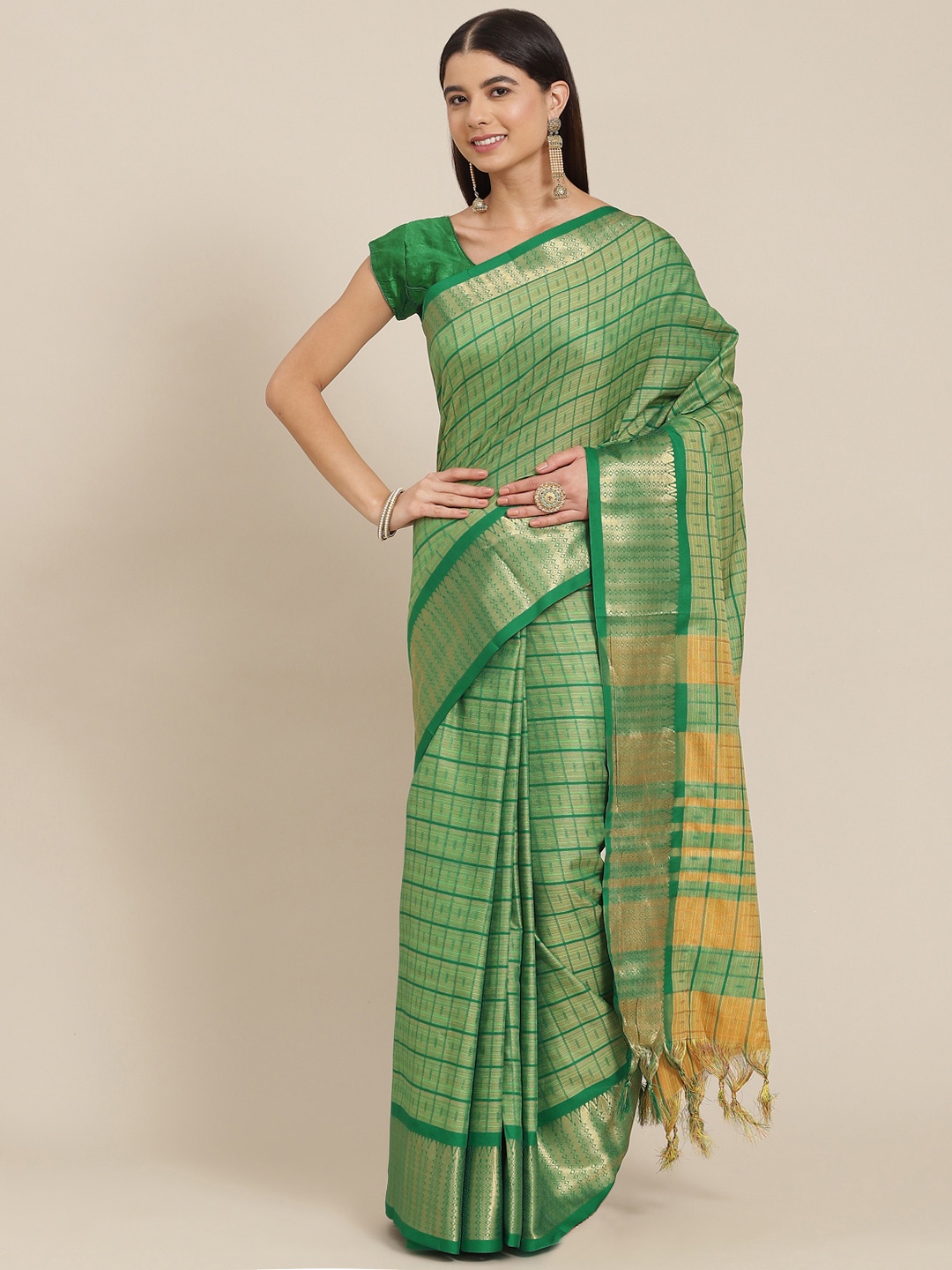 

SHOPGARB Green Checked Silk Blend Banarasi Saree