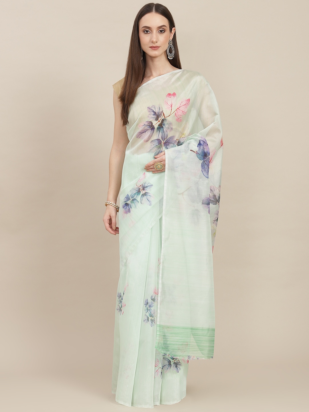 

SHOPGARB Mint Green & Blue Floral Print Organza Saree