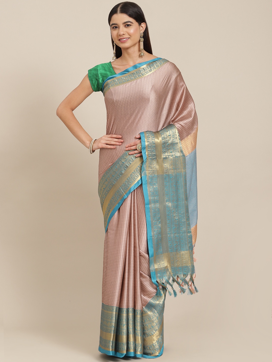 

SHOPGARB Peach-Coloured & Blue Ethnic Motifs Silk Blend Banarasi Saree