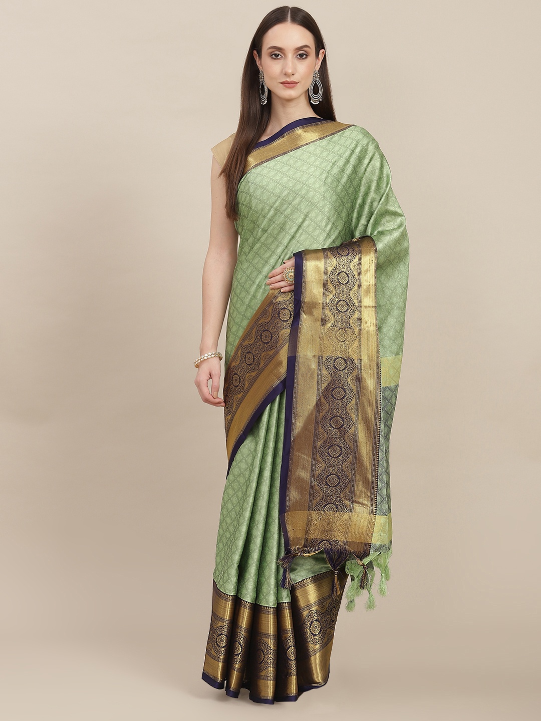 

SHOPGARB Sea Green & Golden Checked Woven Design Zari Detail Silk Blend Banarasi Saree