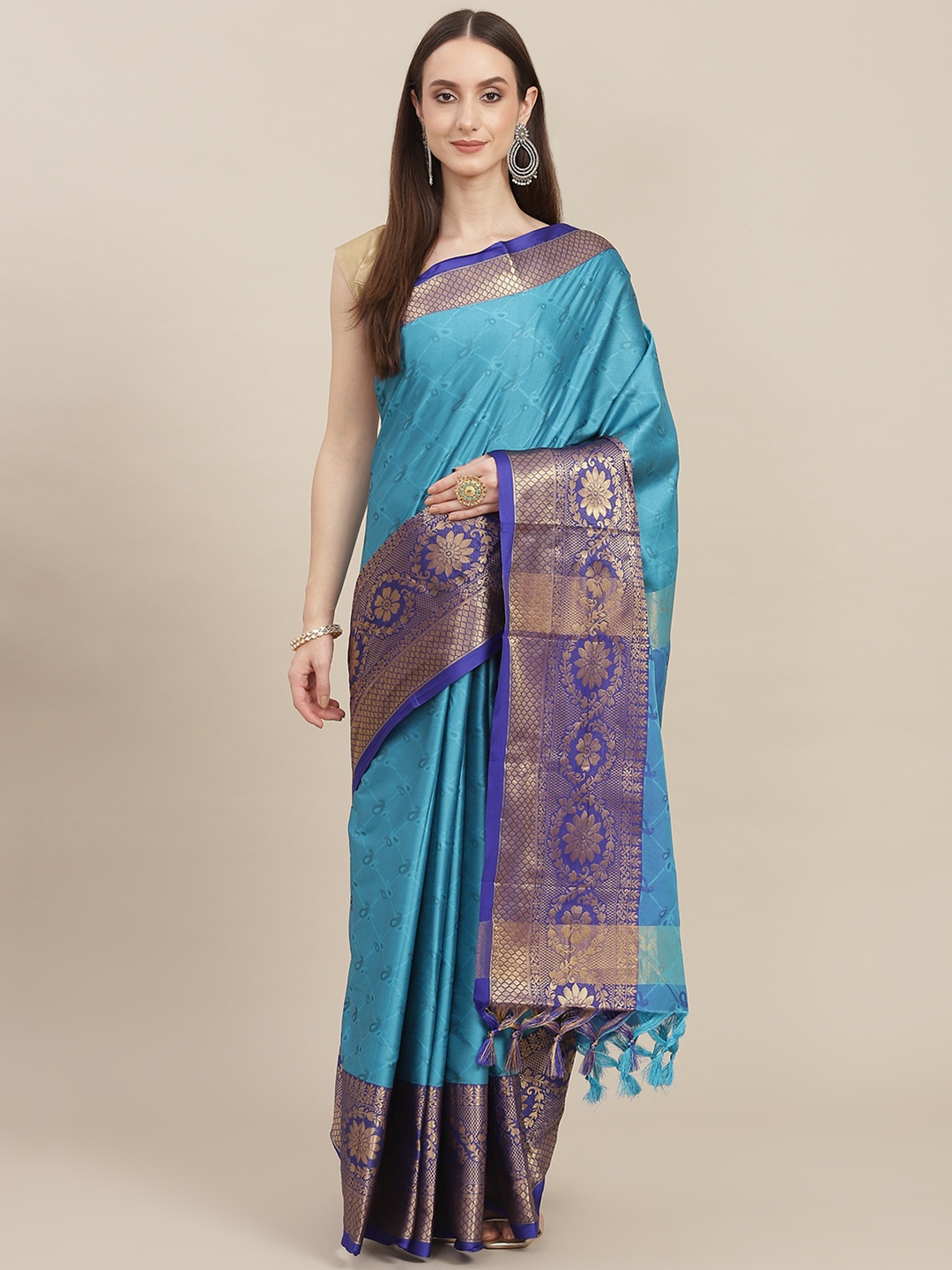 

SHOPGARB Blue Paisley Woven Design Zari Detail Silk Blend Banarasi Saree