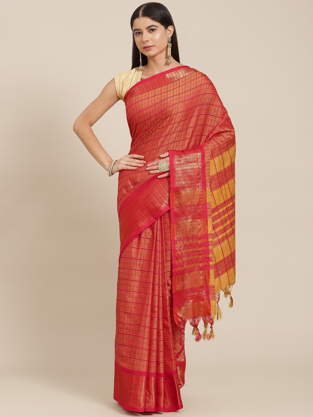 

SHOPGARB Red Checked Silk Blend Banarasi Saree