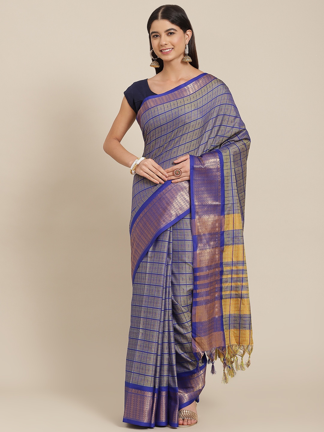 

SHOPGARB Blue & Purple Checked Silk Blend Banarasi Saree