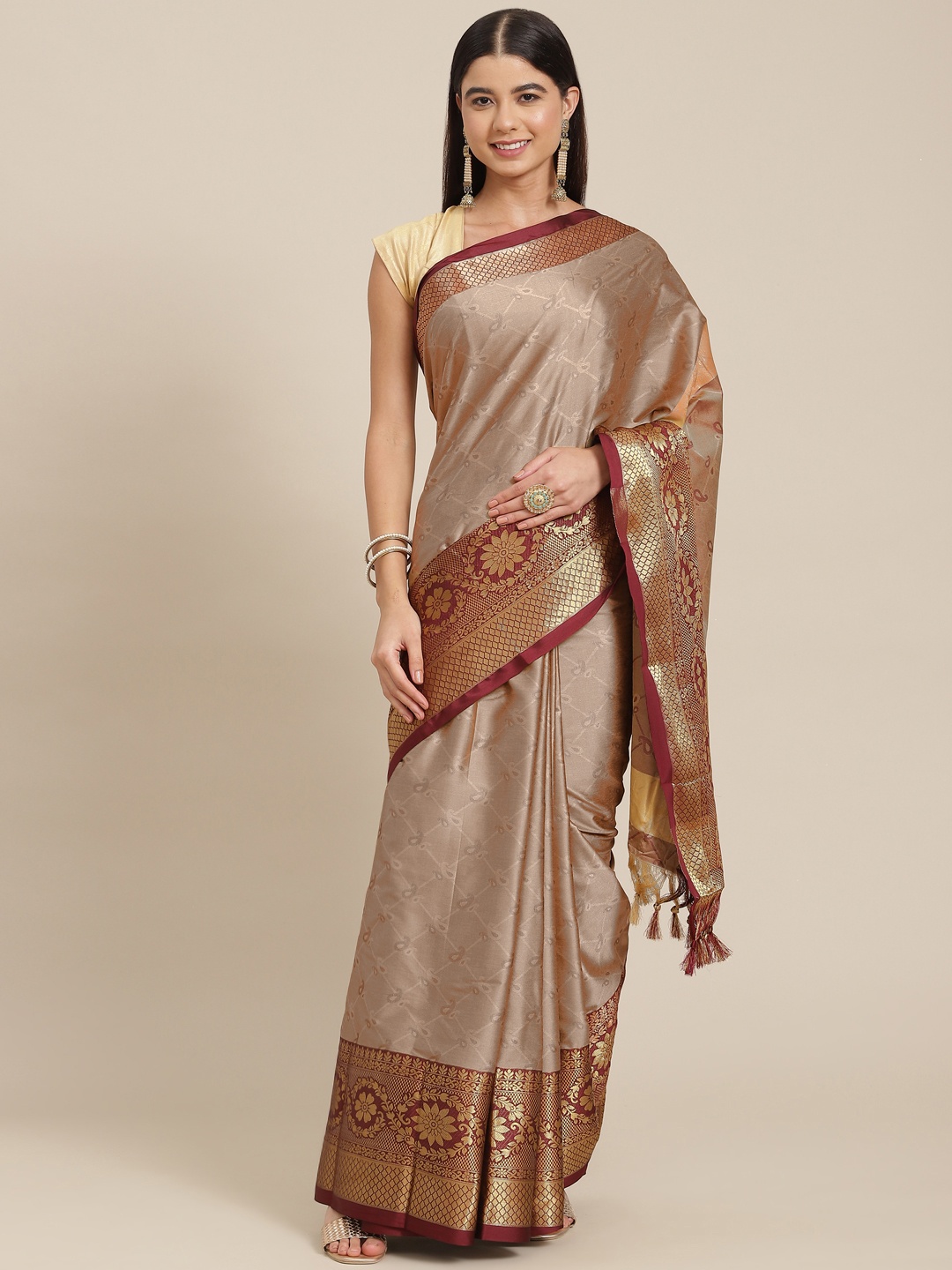 

SHOPGARB Grey & Red Ethnic Motifs Silk Blend Banarasi Saree