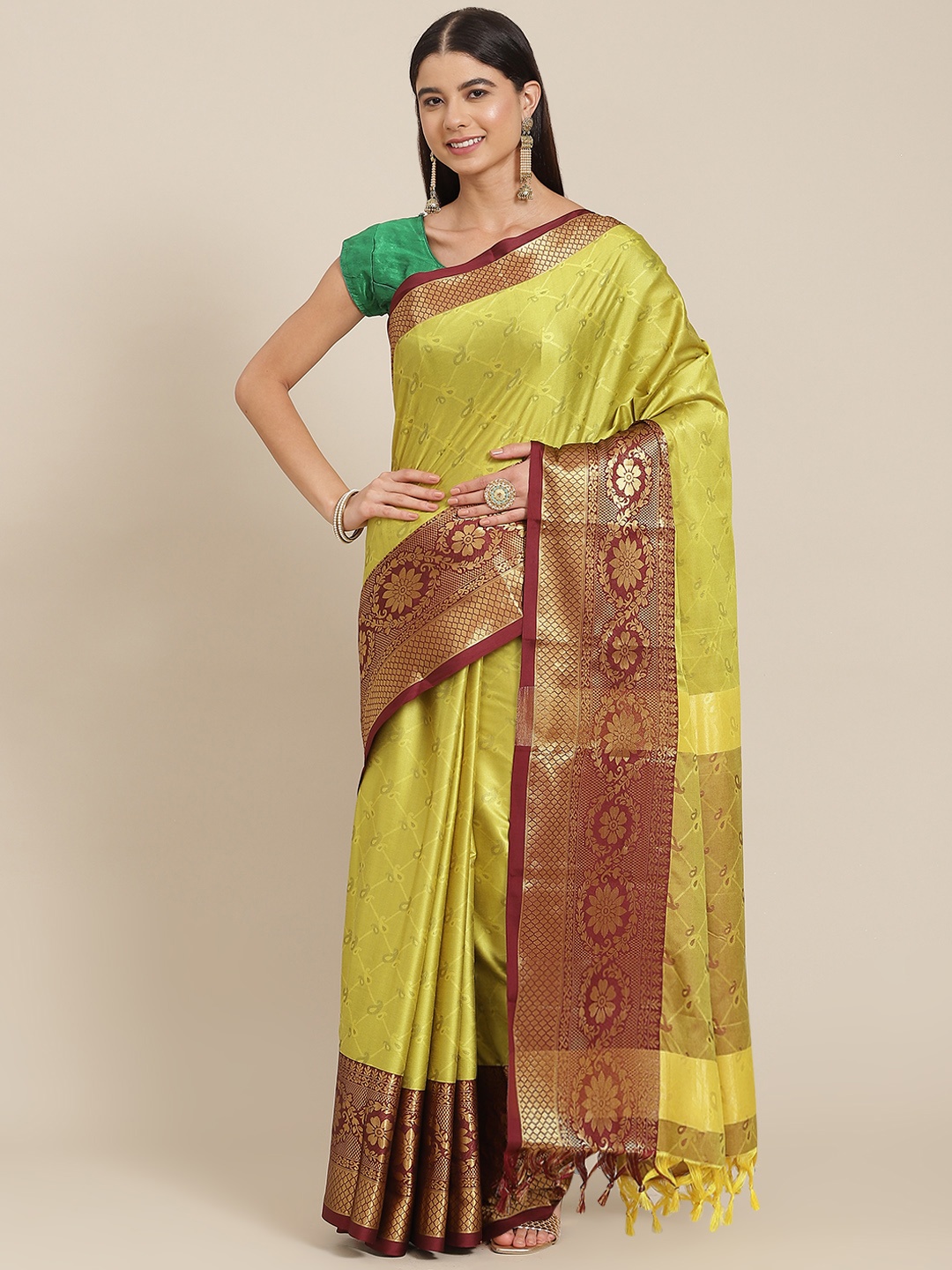 

SHOPGARB Green & Maroon Ethnic Motifs Silk Blend Banarasi Saree