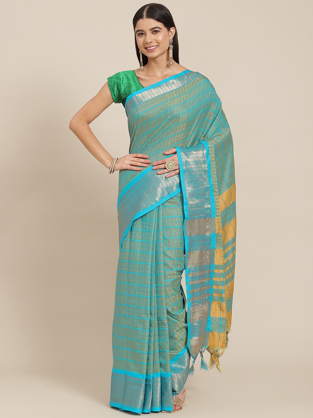 

SHOPGARB Blue & Green Checked Silk Blend Banarasi Saree