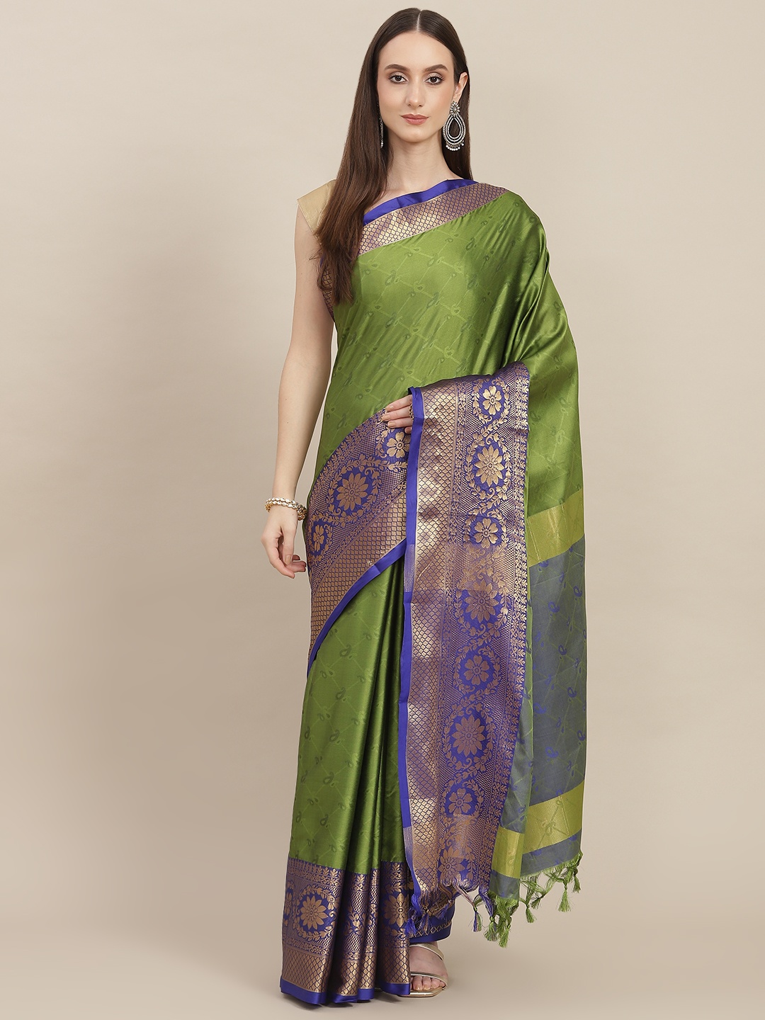 

SHOPGARB Green & Golden Paisley Woven Design Zari Detail Silk Blend Banarasi Saree