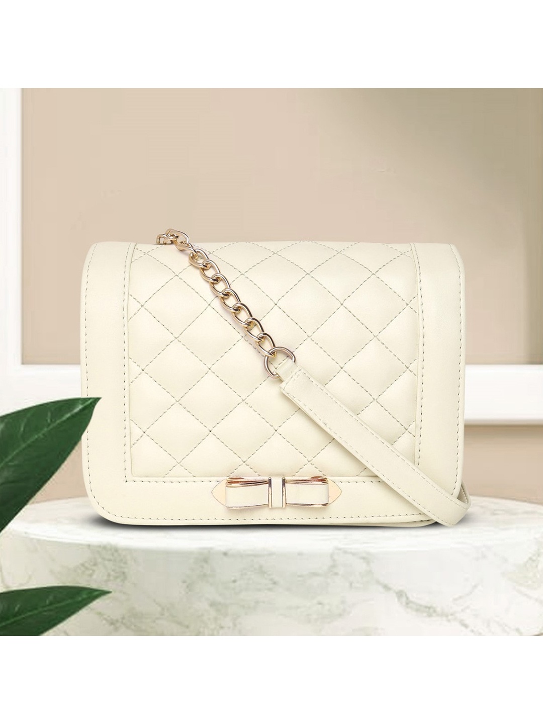 

AMYENCE Cream-Coloured Structured Sling Bag with Quilted