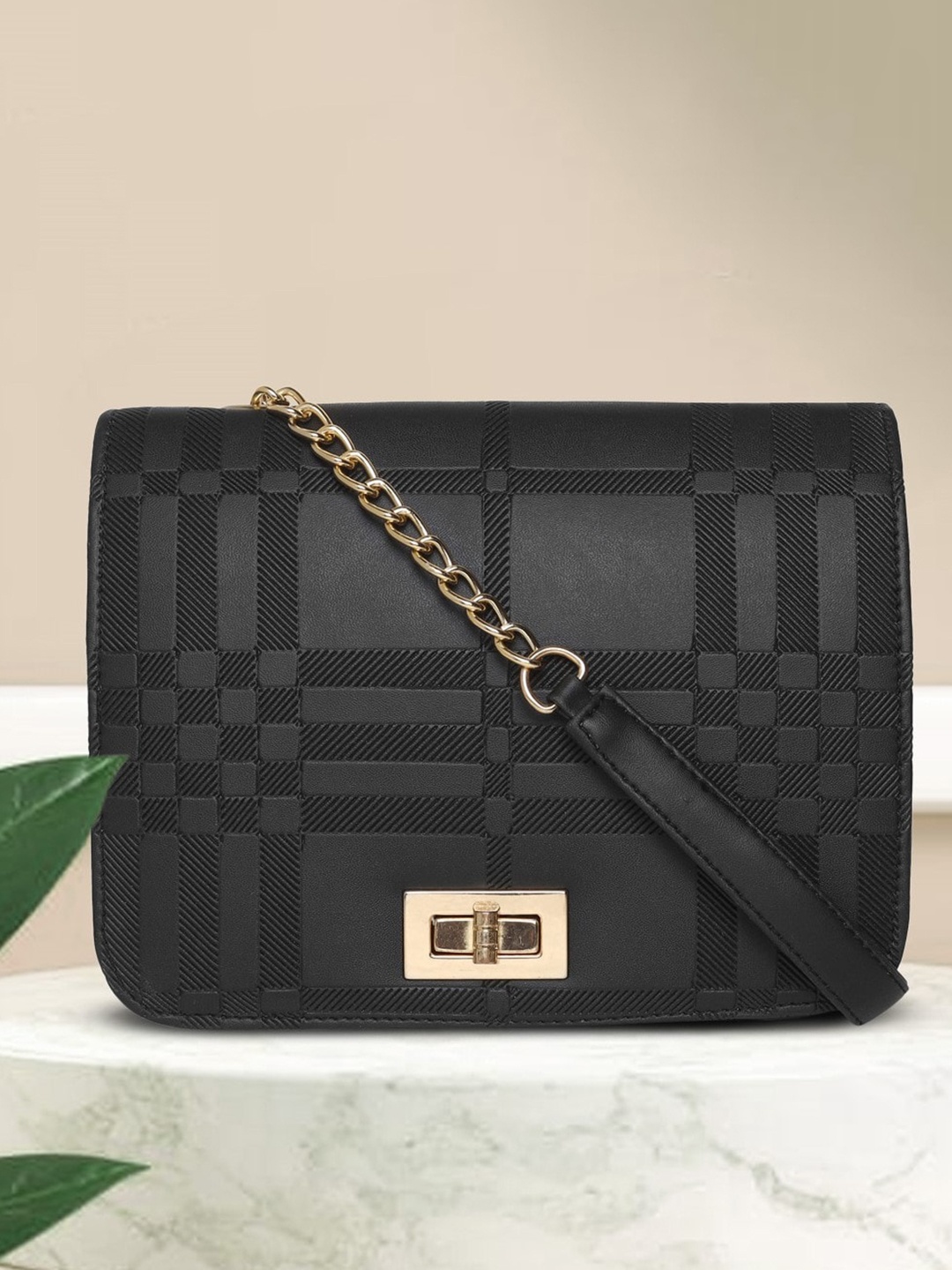 

AMYENCE Black Oversized Structured Sling Bag with Quilted