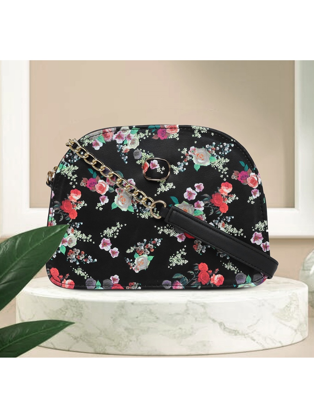 

AMYENCE Women Black Floral Printed Bowling Sling Bag