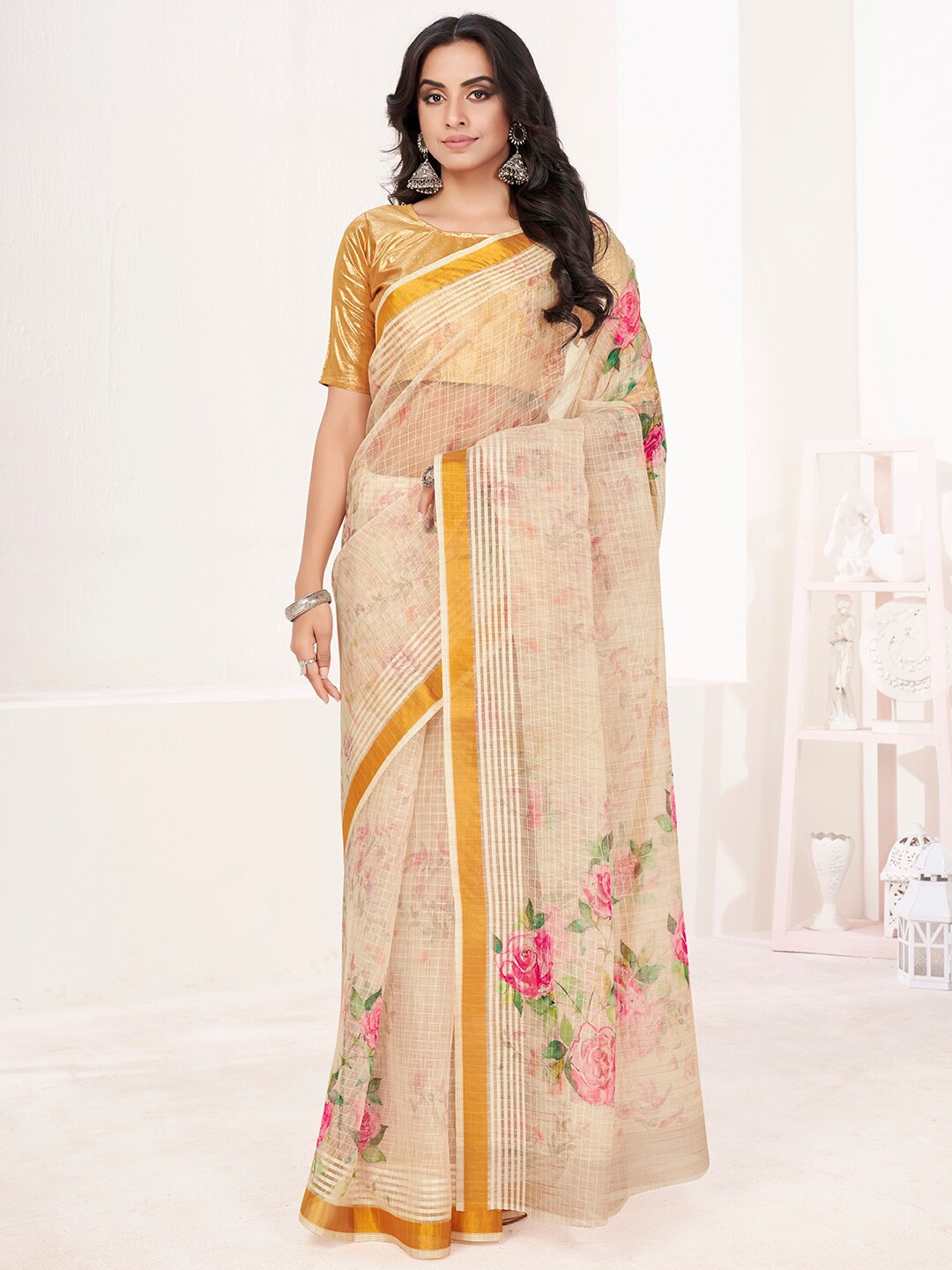 

SHOPGARB Cream & Pink Floral Printed Zari Silk Cotton Saree