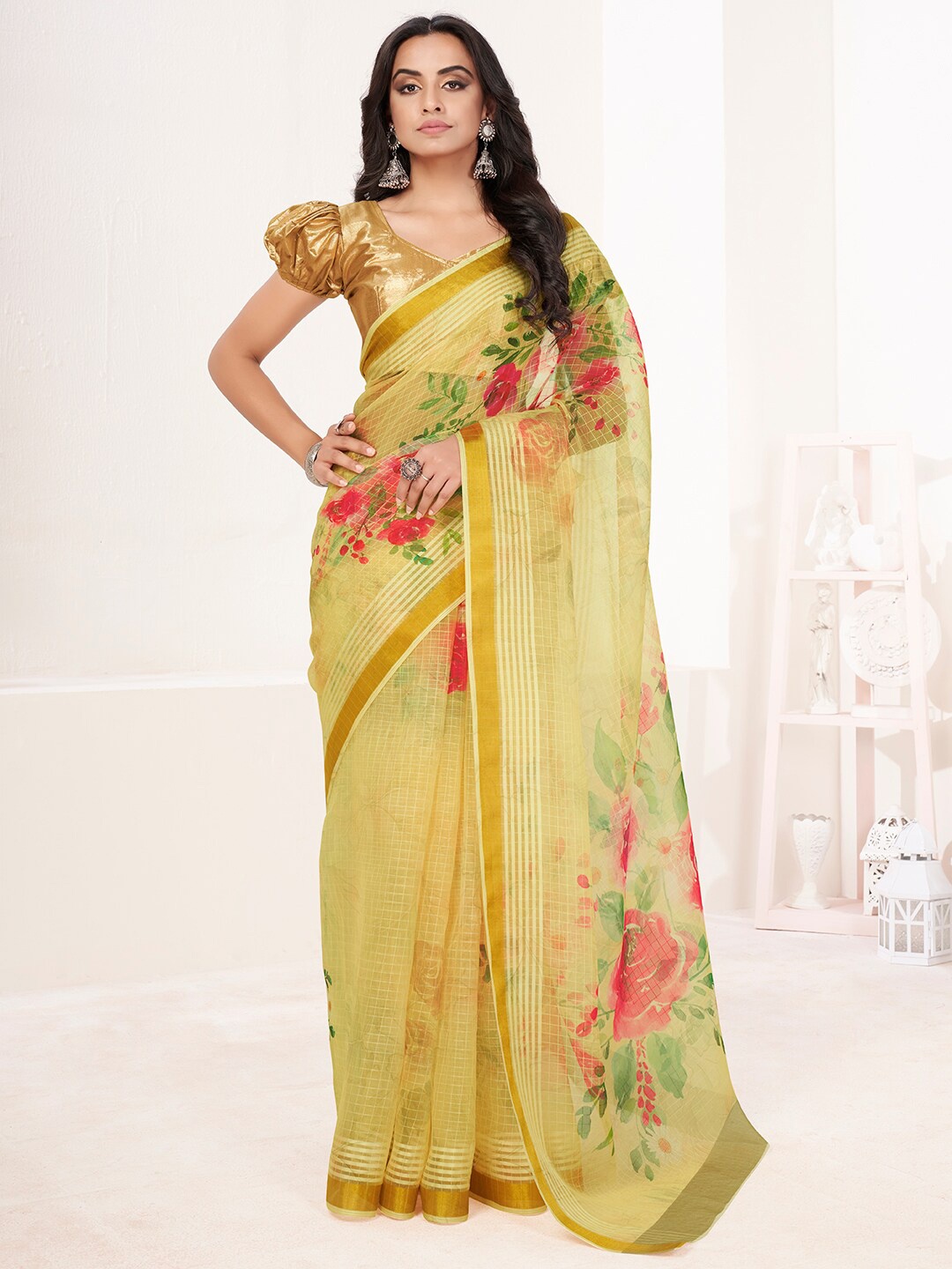 

SHOPGARB Lime Green & Red Floral Zari Silk Cotton Saree