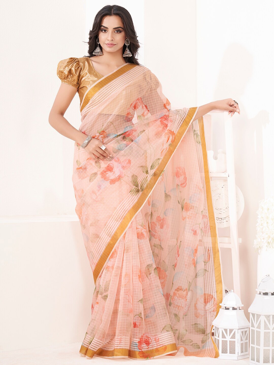 

SHOPGARB Pink & Green Floral Zari Silk Cotton Saree