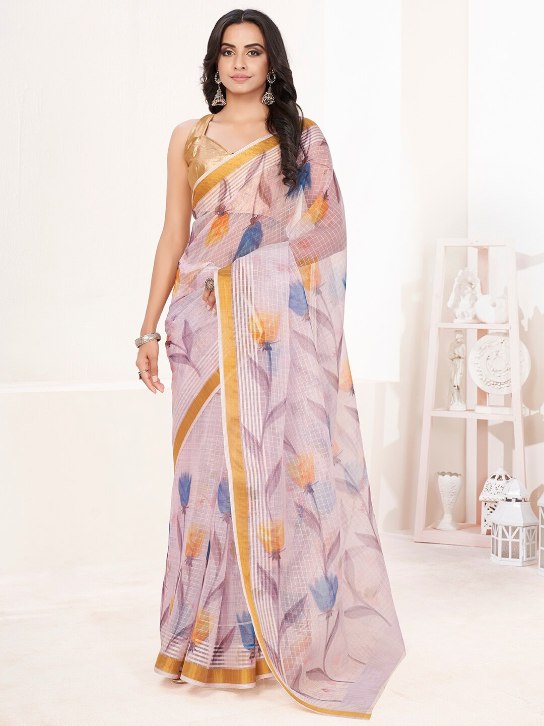 

SHOPGARB Lavender Digital Floral Print Zari Saree