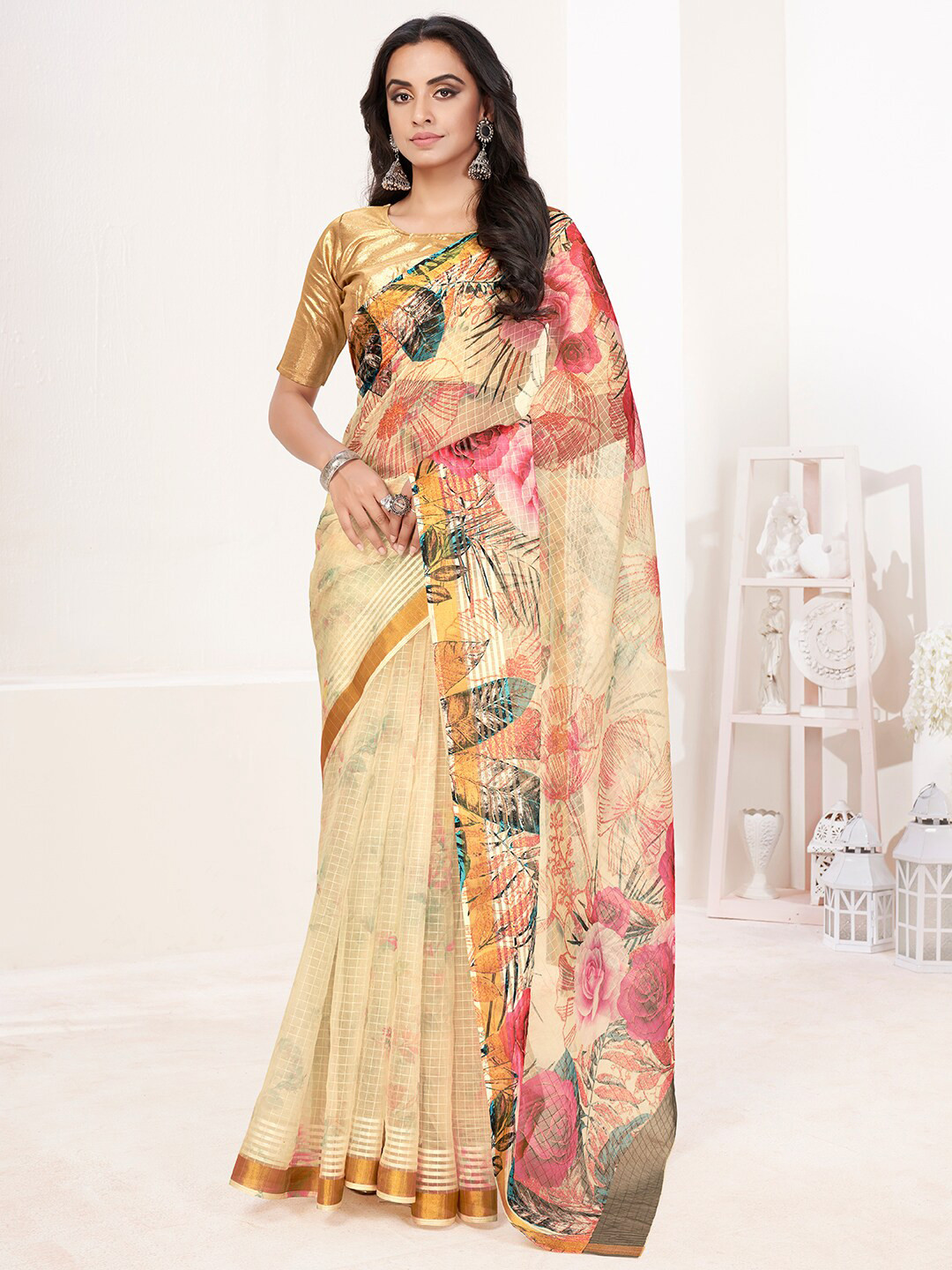 

SHOPGARB Cream-Coloured & Pink Floral Zari Silk Cotton Saree