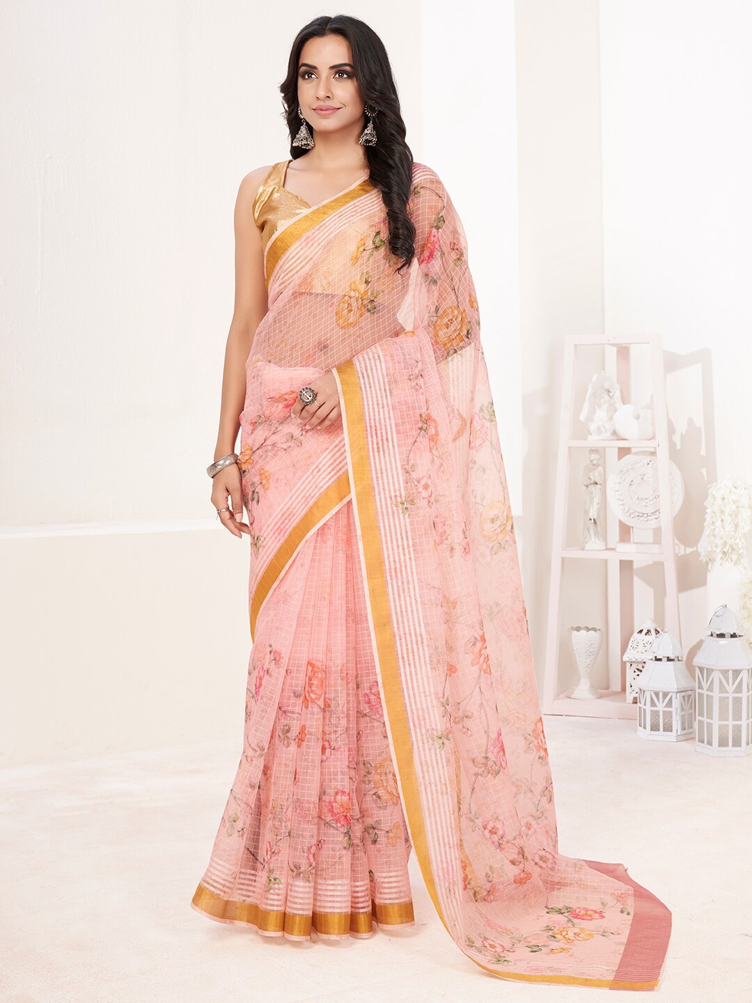 

SHOPGARB Pink & Yellow Floral Zari Silk Cotton Saree
