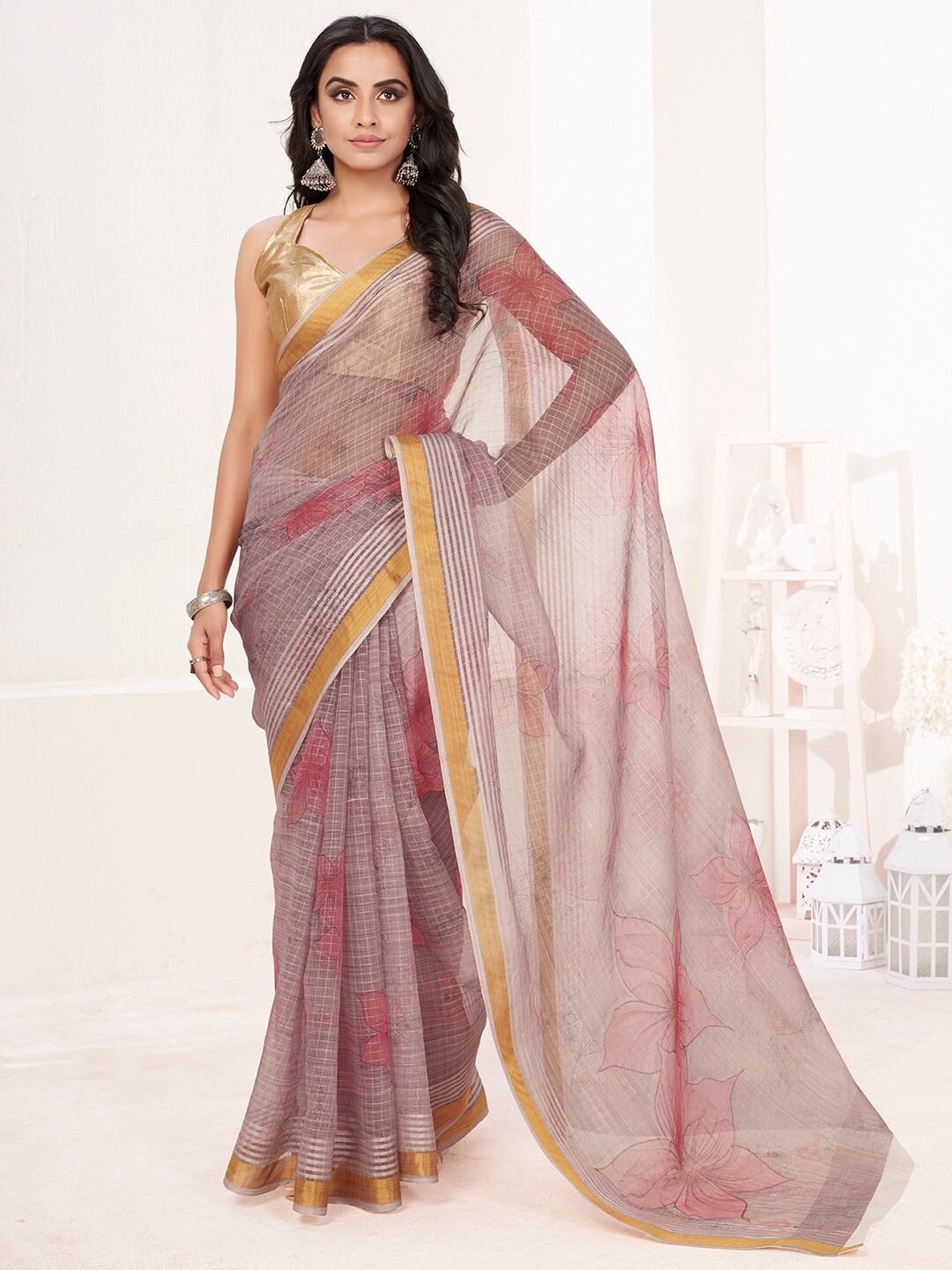 

SHOPGARB Grey & Red Floral Silk Cotton Saree