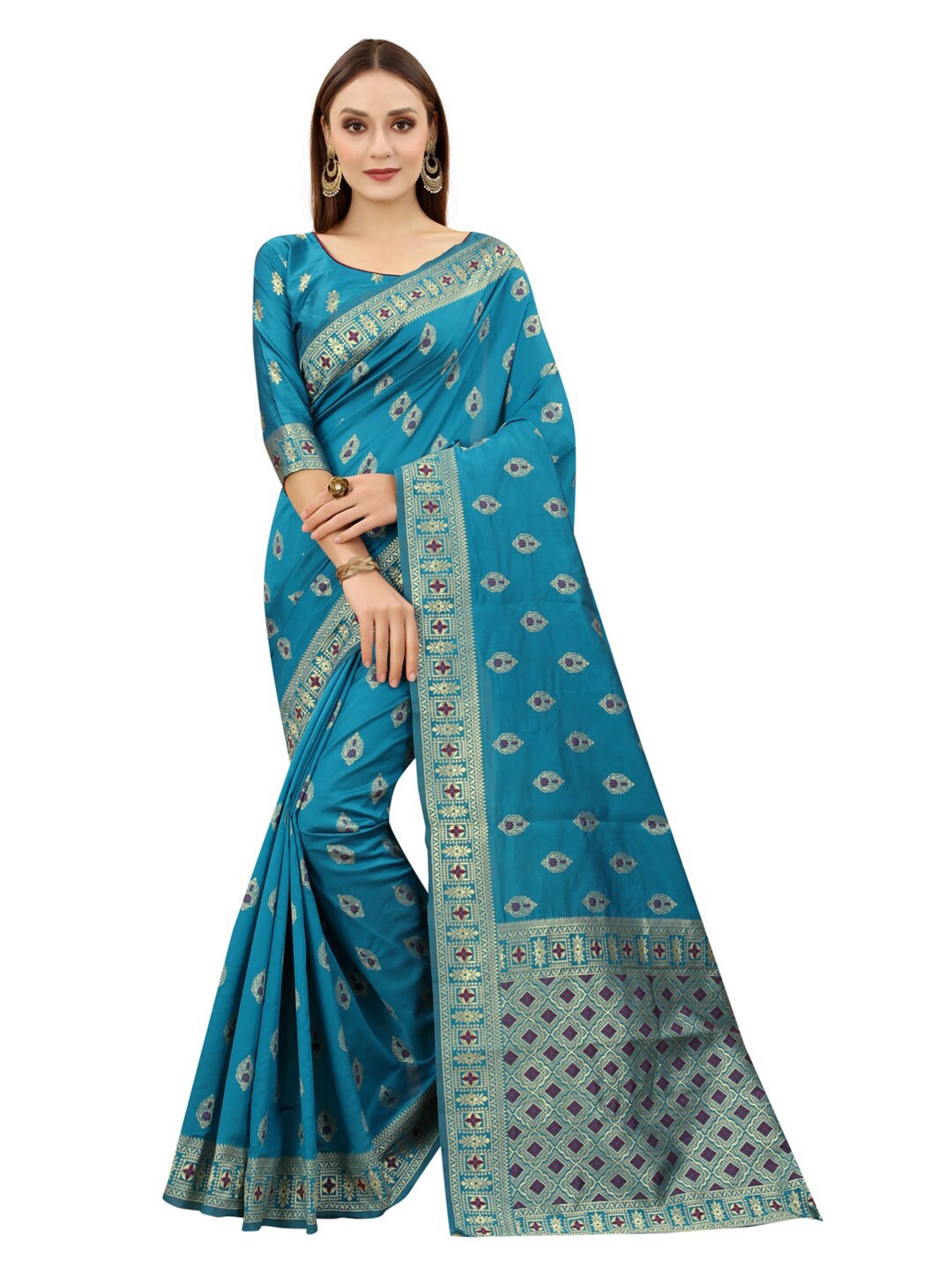 

MOKSHA DESIGNS Teal Blue & Gold-Toned Woven Design Zari Pure Silk Banarasi Saree