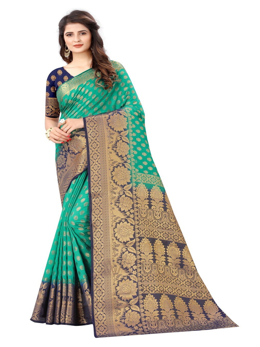 

MOKSHA DESIGNS Green & Blue Woven Design Zari Pure Silk Banarasi Saree
