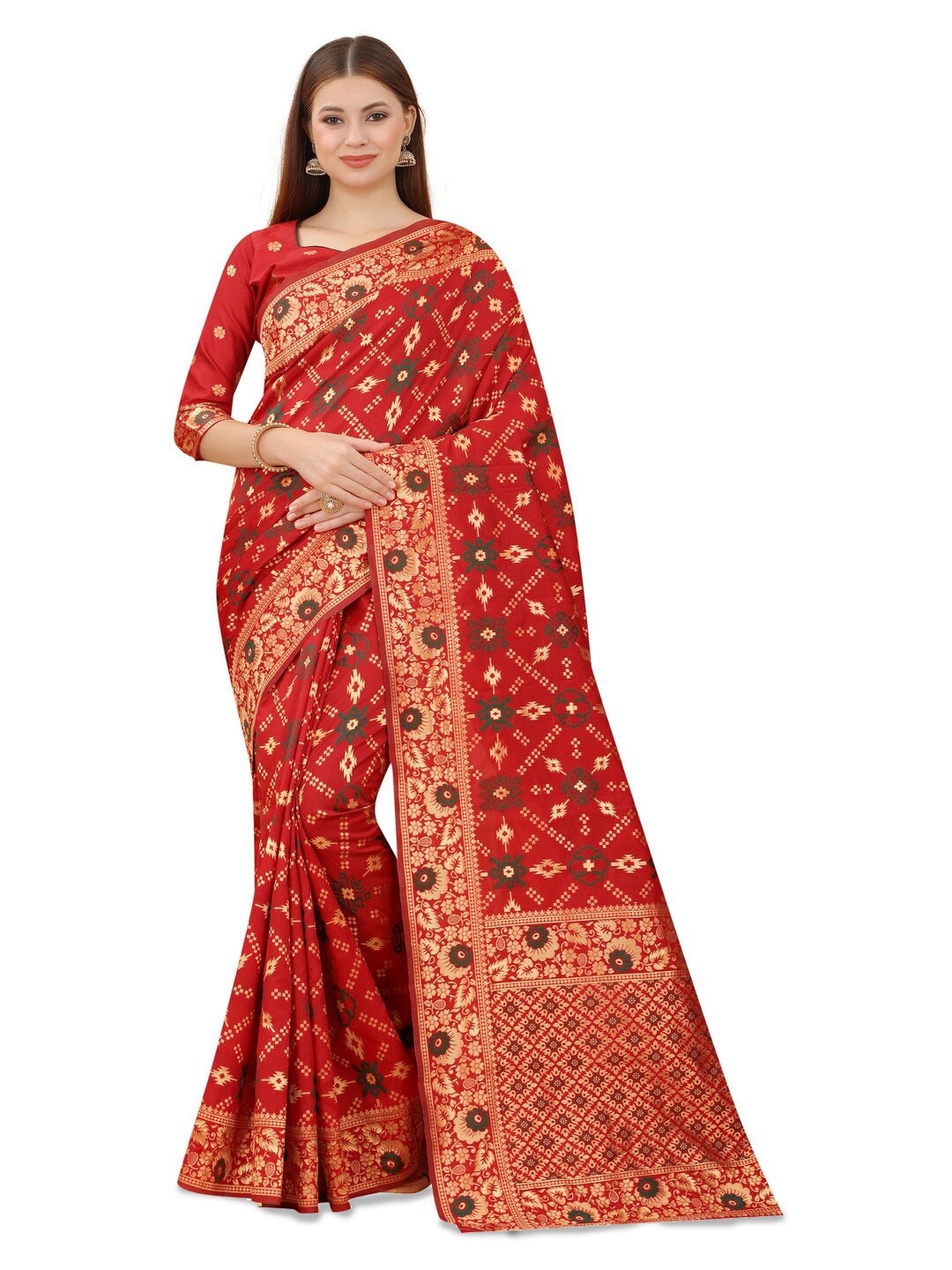 

MOKSHA DESIGNS Red & Green Floral Pure Silk Banarasi Saree