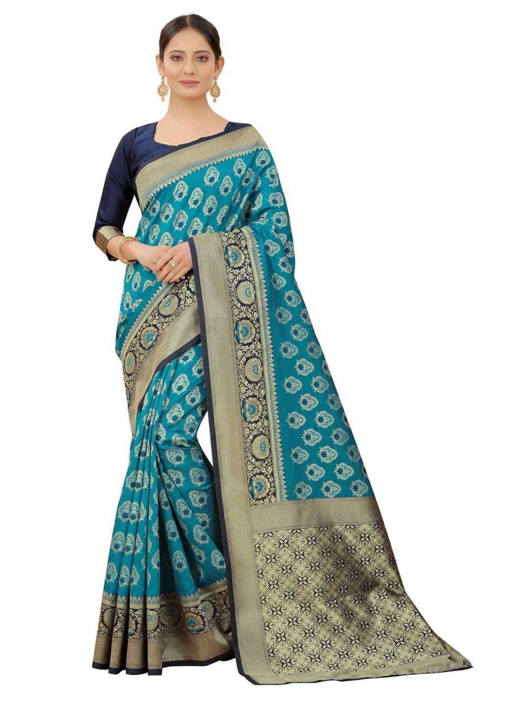 

MOKSHA DESIGNS Blue & Gold-Toned Ethnic Motifs Zari Pure Silk Banarasi Saree