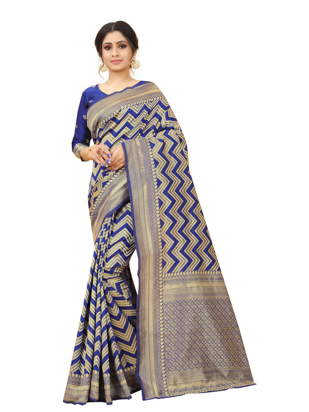 

MOKSHA DESIGNS Navy Blue & Gold-Toned Woven Design Zari Pure Silk Banarasi Saree