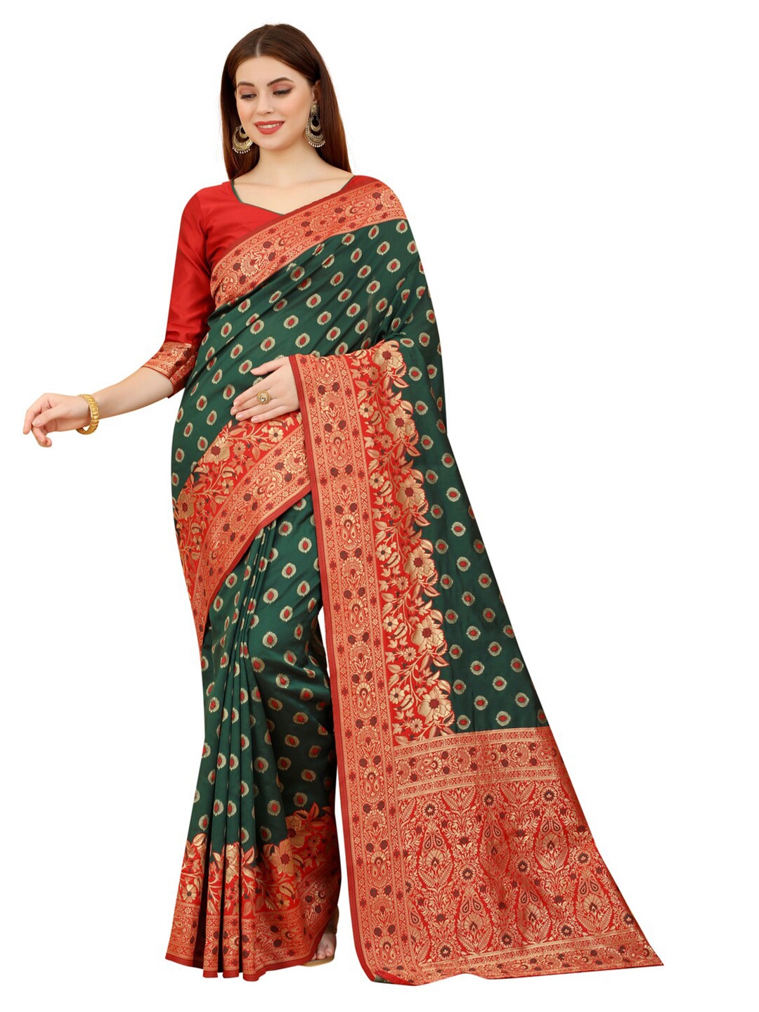 

MOKSHA DESIGNS Green & Red Ethnic Motifs Zari Pure Silk Banarasi Saree