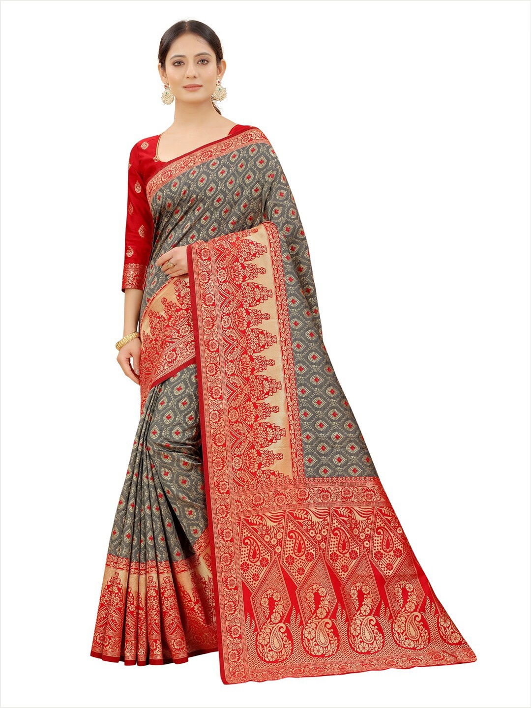 

MOKSHA DESIGNS Grey & Red Woven Design Zari Pure Silk Banarasi Saree