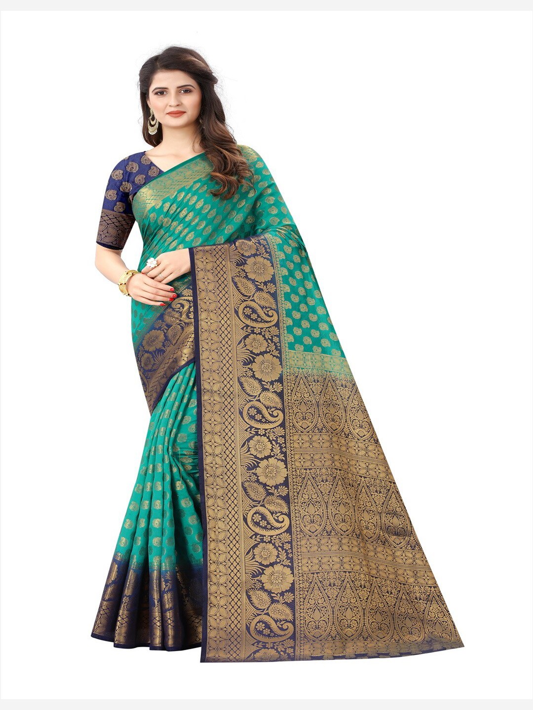 

MOKSHA DESIGNS Green & Blue Ethnic Motifs Zari Pure Silk Banarasi Saree