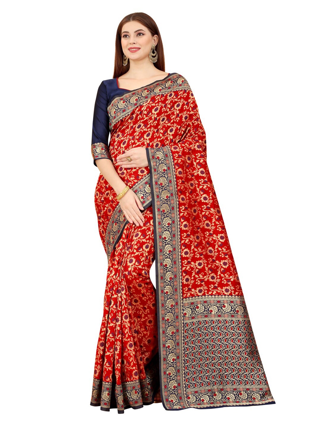 

MOKSHA DESIGNS Women Red & Blue Woven Design Zari Pure Silk Banarasi Saree