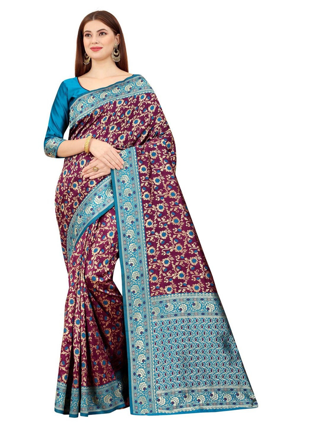 

MOKSHA DESIGNS Maroon & Blue Floral Zari Pure Silk Banarasi Saree