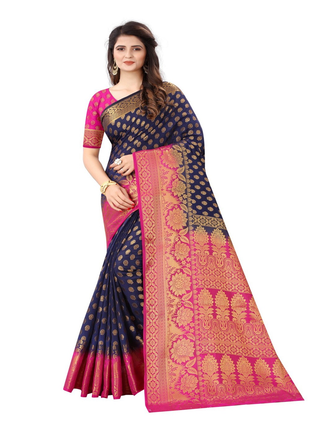 

MOKSHA DESIGNS Navy Blue & Pink Woven Design Zari Pure Silk Banarasi Saree